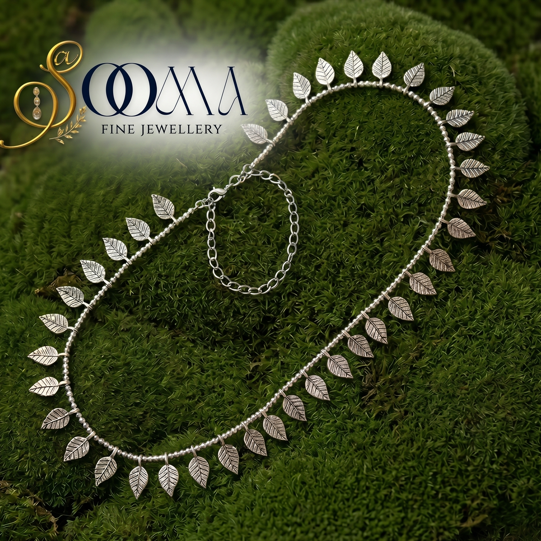 Silver leaf waistbelt on a green moss background with 'Sooma Fine Jewellery' logo.