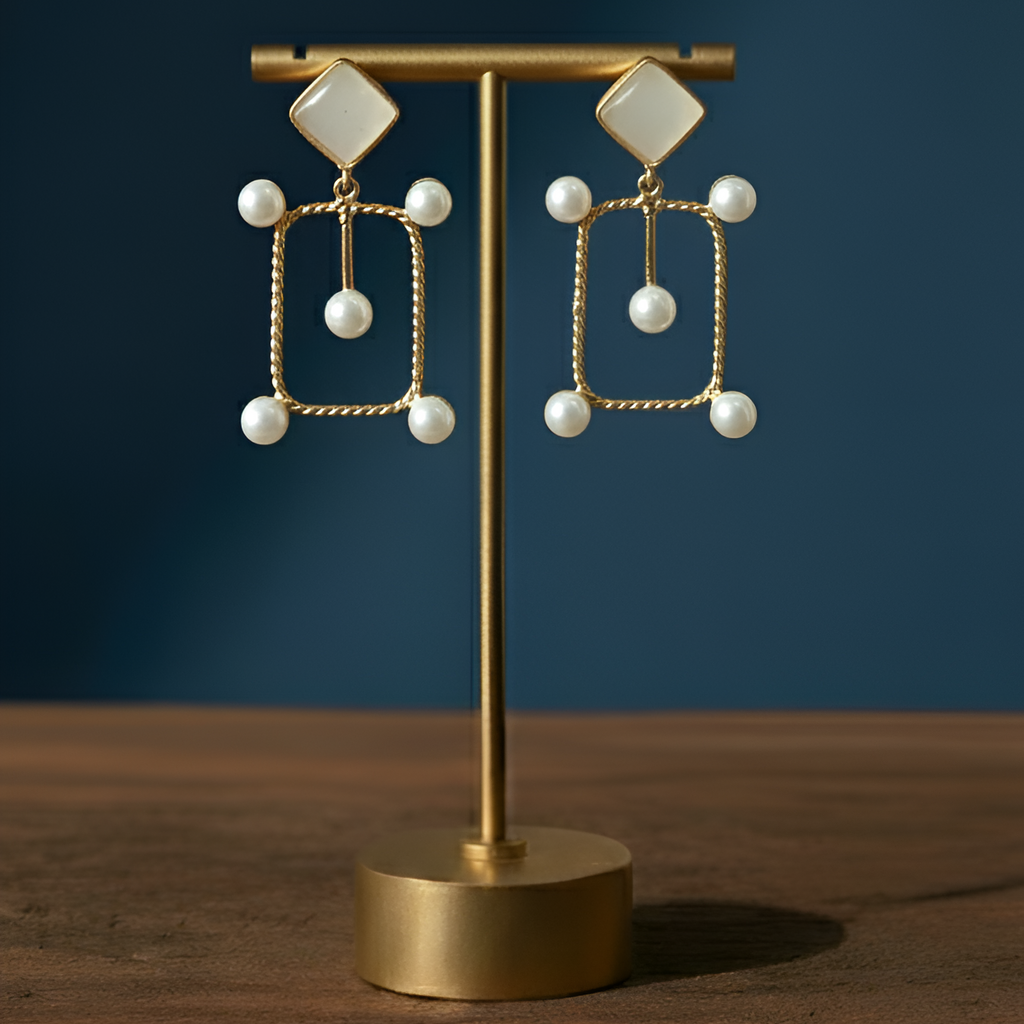 Stylish White Square Stone Gold Earrings, perfect for office and weekend wear.