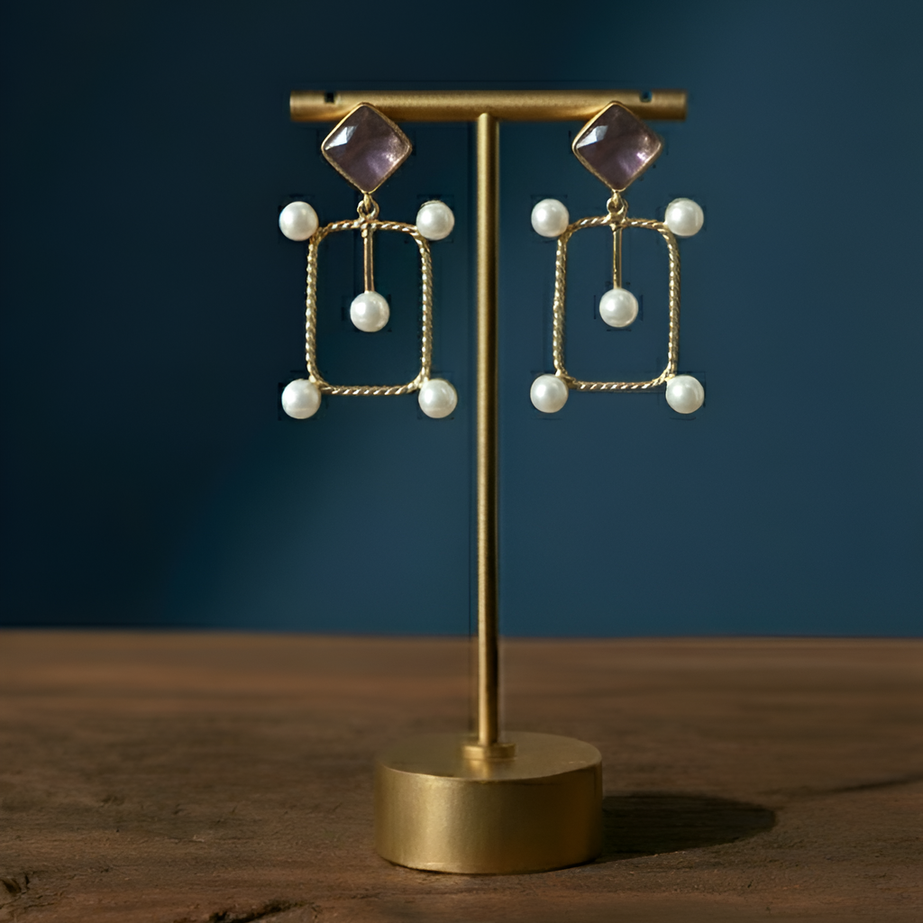 Stylish Dark Square Stone Gold Earrings, perfect for office and weekend wear.