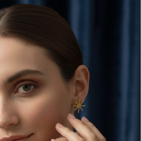 Woman wearing Star Gold Earrings 