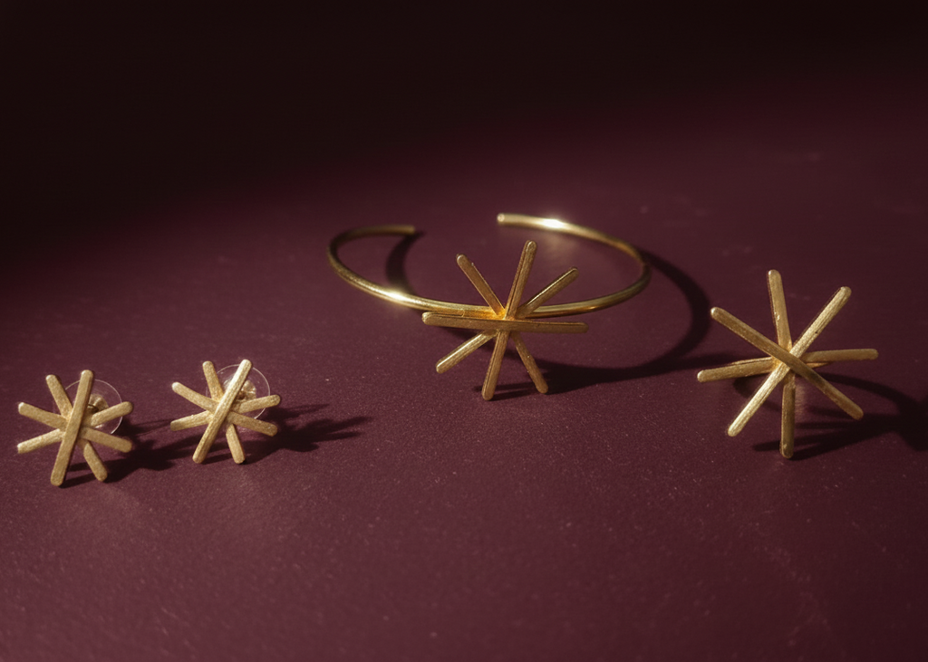 Elegant star-themed bracelet, ring, and earrings set for modern women.
