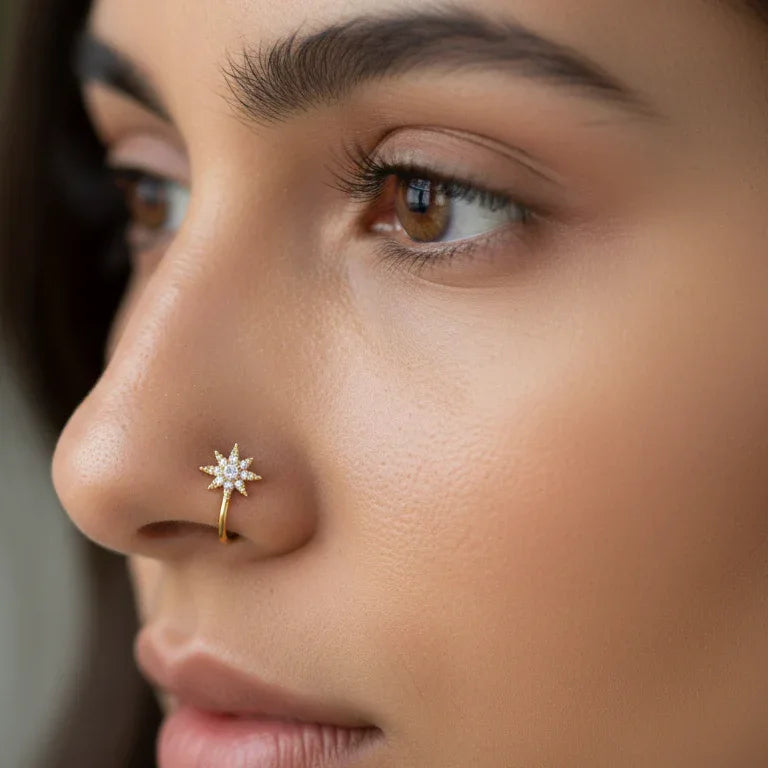 Elegant Star Gold Nose Pin | Non-Piercing Nose Stud, NP00010 - sooma