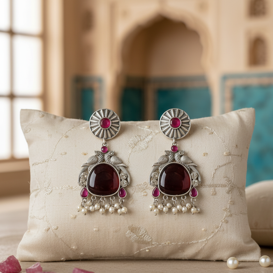 Pair of ornate earrings with red gemstones on a decorative pillow.