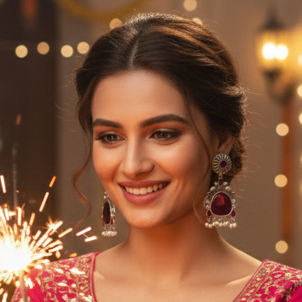 Woman in traditional pink wearing  partywear festive earrings