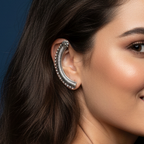 Woman wearing a black oxidised stud earcuffs showing detailed texture and stud setting.