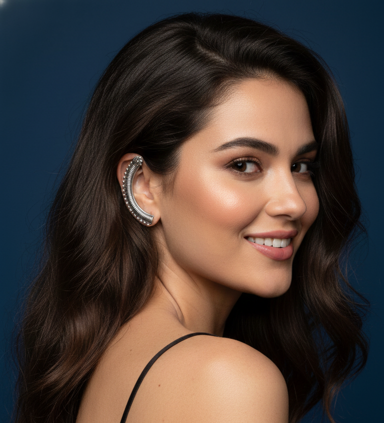 Woman wearing a unique earring against a blue background