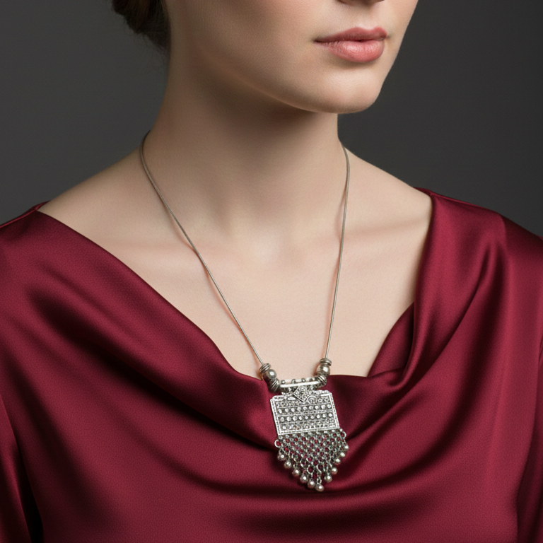 Woman wearing a red garment and a Oxidised pendant set with jhumka detailing