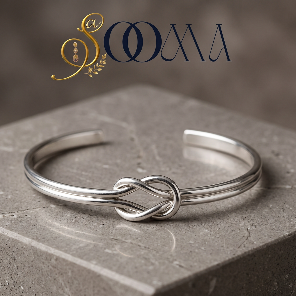 Sooma brand flat lay view of handcrafted silver infinity knot dual-band open ankle cuff displayed on grey stone block