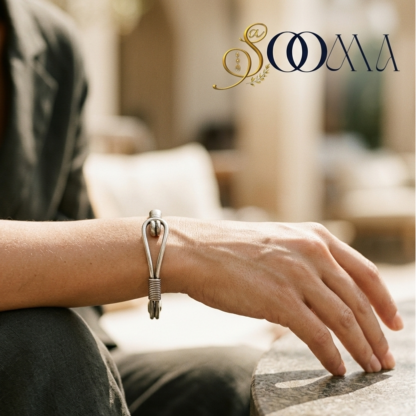 A silver-toned metal cuff bracelet with a textured wrap detail at the base, shown worn on a person's wrist in a warm, softly blurred indoor setting. The brand name 'SOOMA' is visible in the top right corner.