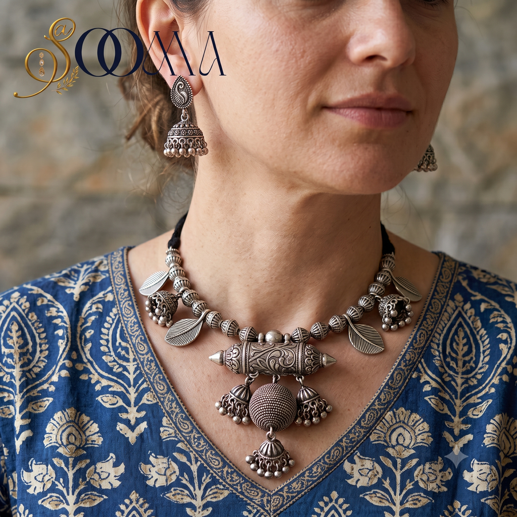 Front view close-up of model wearing oxidized silver barrel pendant necklace with leaf charms and matching jhumka
