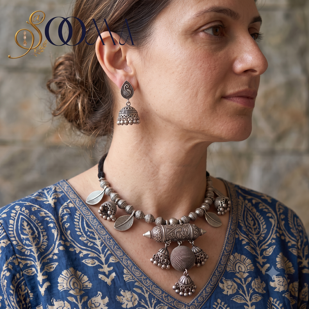Model in blue block-printed kurti wearing handcrafted oxidized silver tribal statement necklace set with jhumkas