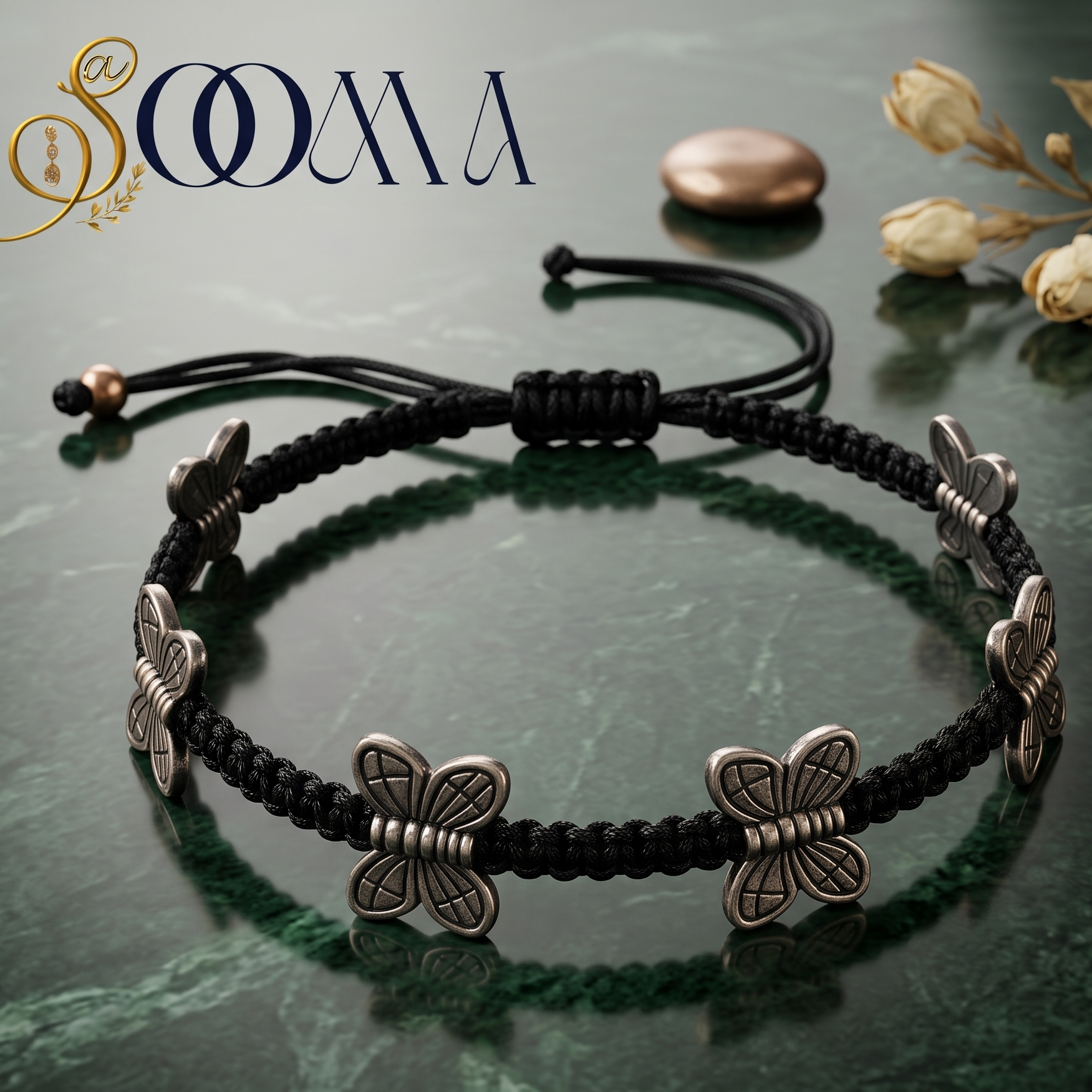 A black braided cord anklet with four silver butterfly charms, displayed on a dark green marble surface with decorative dried flowers and a brand logo 'SOOMA' in the top left.