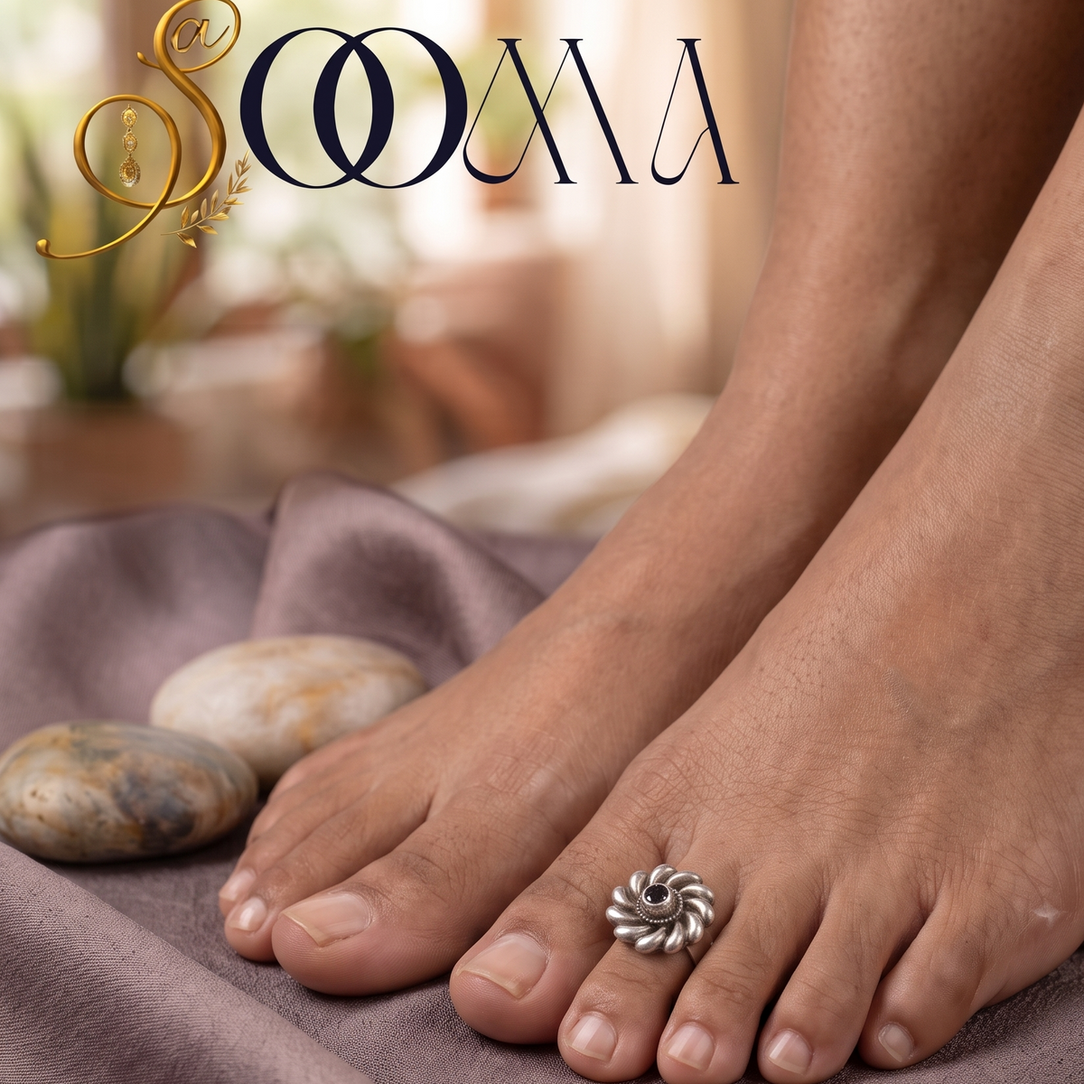 Front view of model feet resting on mauve silk fabric wearing an oxidized silver swirl flower toe ring