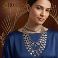 Front view of model styling Sooma brand oxidized silver geometric Hasli and multi-strand coin necklace stack