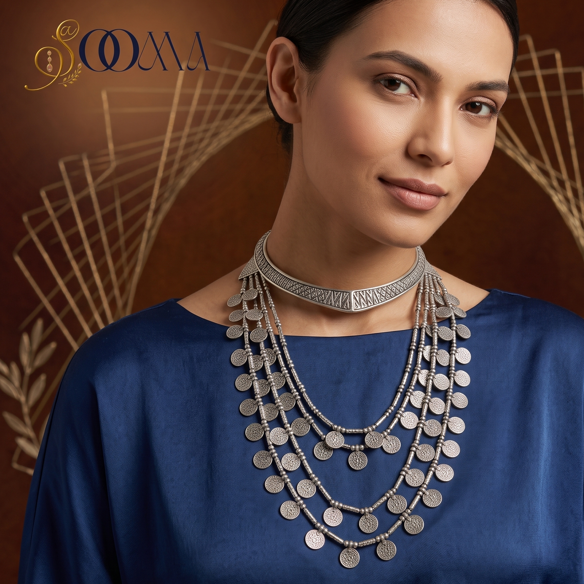 Front view of model styling Sooma brand oxidized silver geometric Hasli and multi-strand coin necklace stack