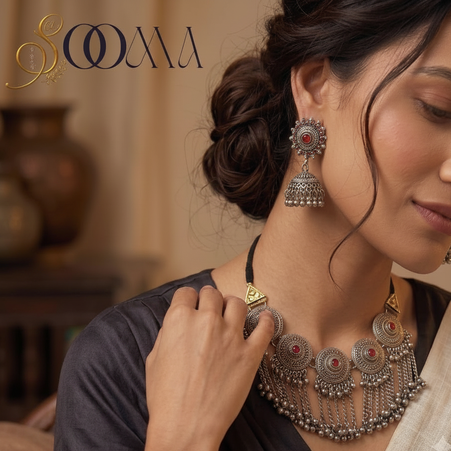 Model wearing handcrafted oxidized silver tribal bib necklace with ruby stone medallions and matching jhumka earring