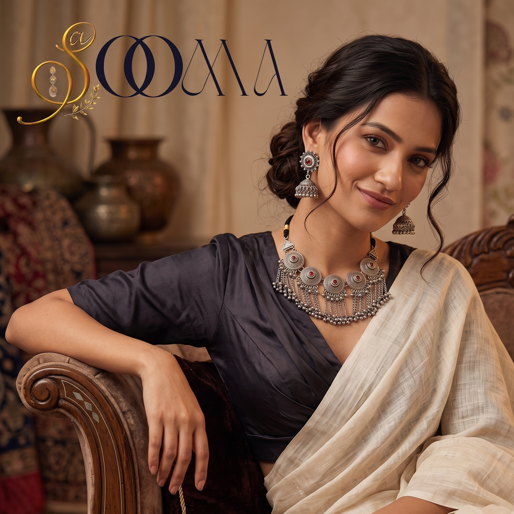Model in white saree styling an oxidized silver tribal choker set with cascading ghungroos