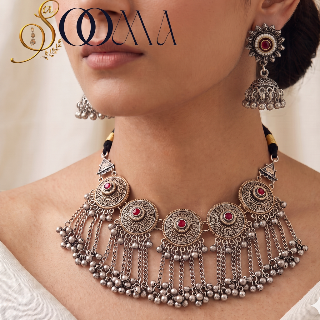 Oxidized Silver Tribal Bib Necklace Set with Jhumkas | Sooma, NK00035