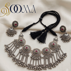 Oxidized Silver Tribal Bib Necklace Set with Jhumkas | Sooma, NK00035