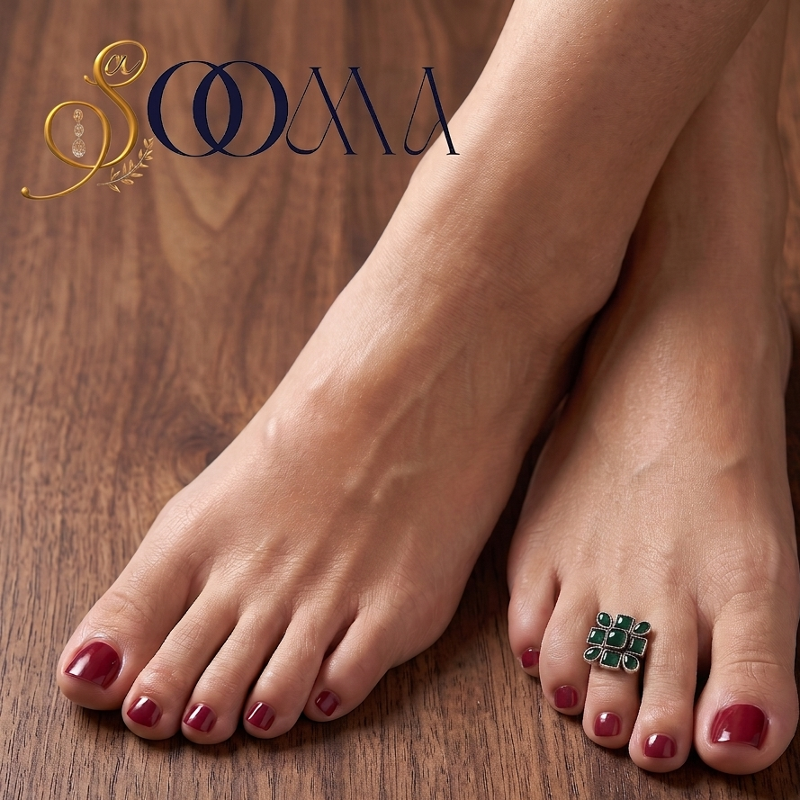 Close-up view of woman's foot adorned with a square black onyx floral cluster toe ring on polished wood