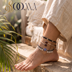Evil Eye, Floral Cord & Black Stone Bypass Silver Ankle Stack | Sooma, AS 28