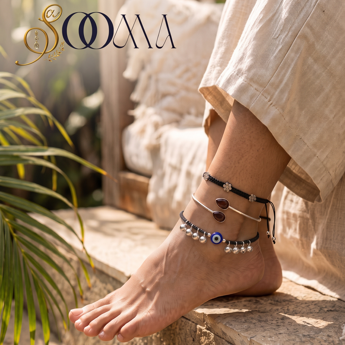 Evil Eye, Floral Cord & Black Stone Bypass Silver Ankle Stack | Sooma, AS 28