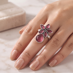 Oxidized Silver Dark Pink Quartz Teardrop Flower Ring | Sooma, RG00026DP
