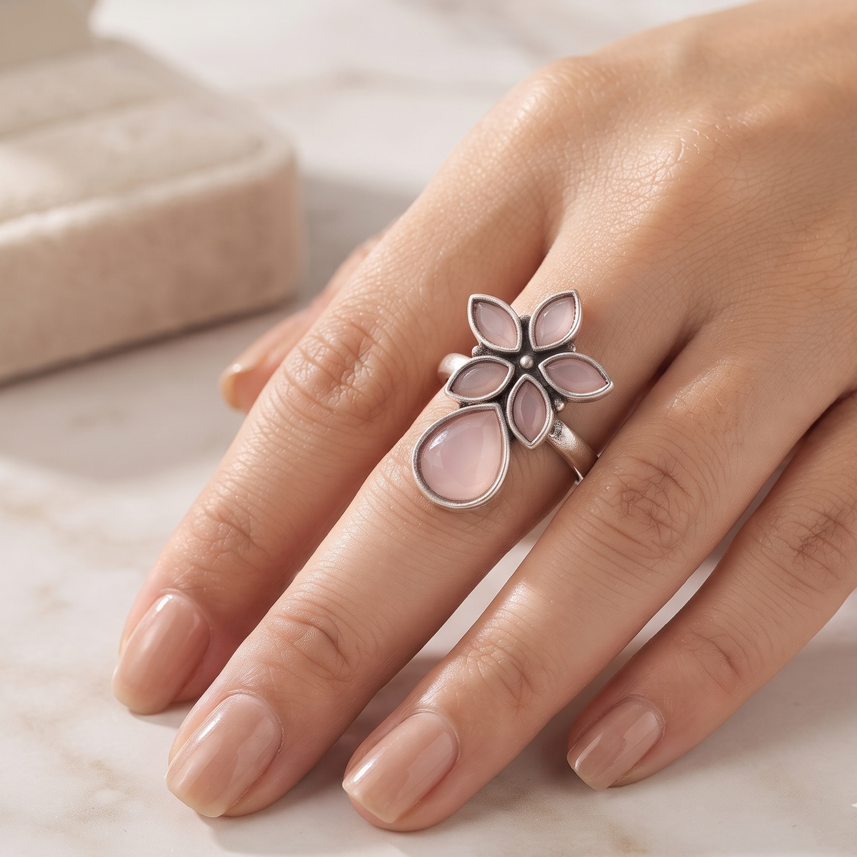 Oxidized Silver Pink Quartz Teardrop Flower Ring | Sooma, RG00026P