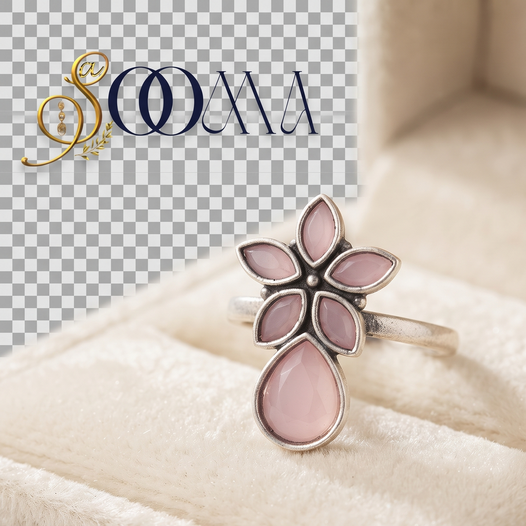 Oxidized Silver Pink Quartz Teardrop Flower Ring | Sooma, RG00026P