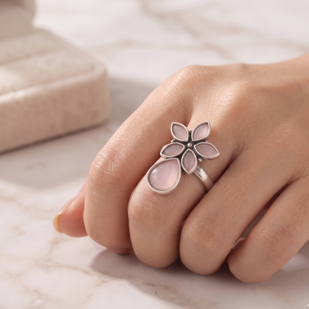 Side profile view of model hand styling an oxidized silver pink quartz teardrop flower statement ring