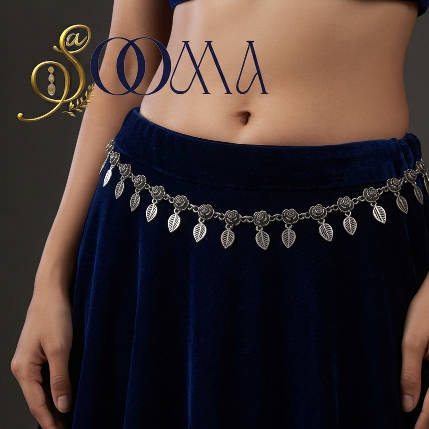 Model wearing an oxidised silver leaf and rose waistband styled over a navy blue jumpsuit.