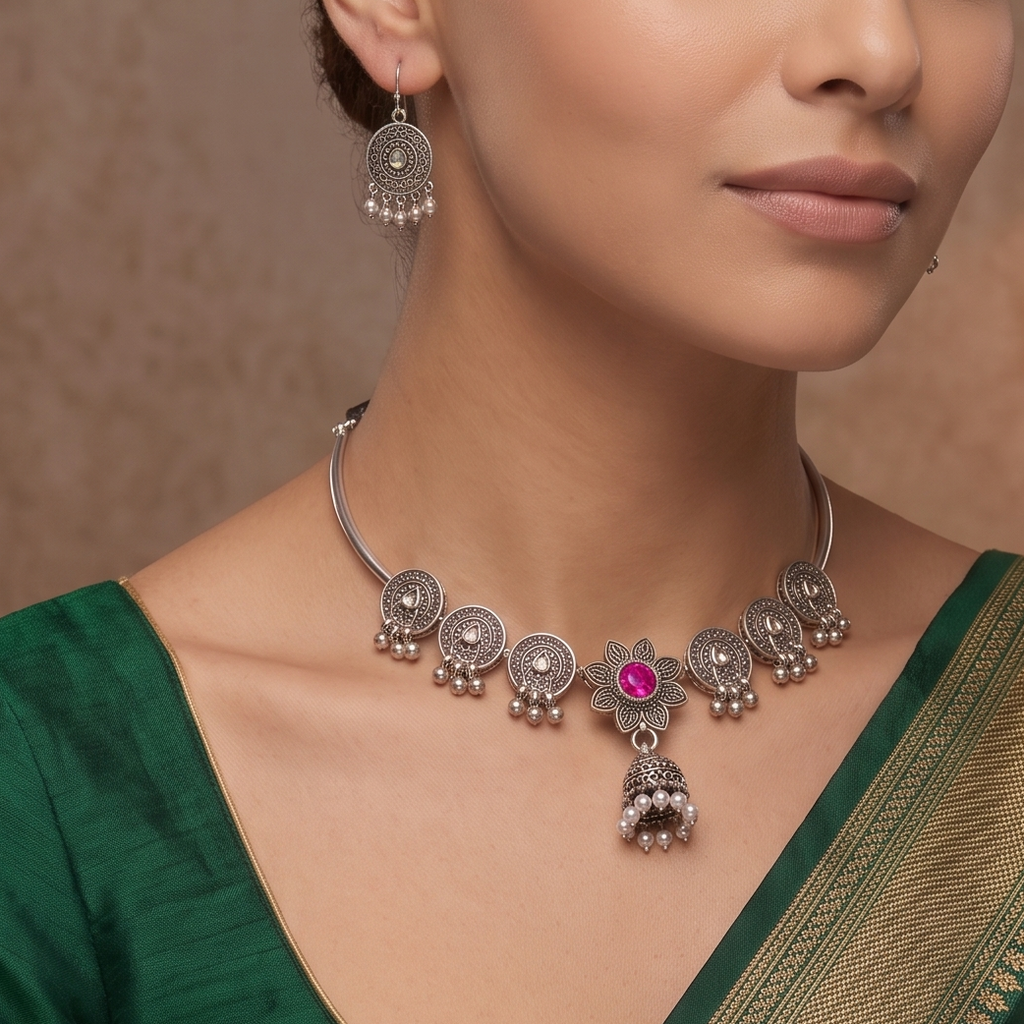 Model in emerald green silk saree wearing handcrafted oxidized silver pink stone lotus Hasli choker set