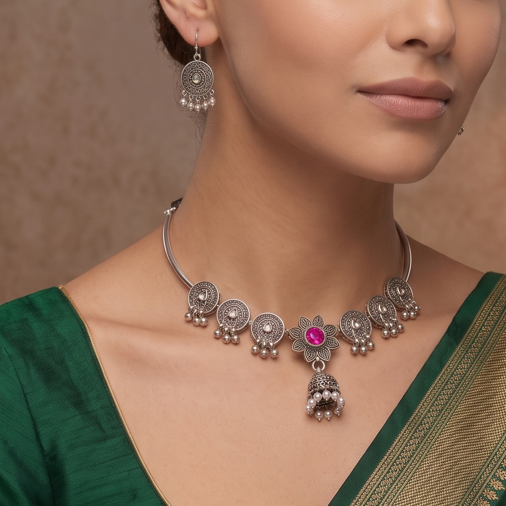 Model in emerald green silk saree wearing handcrafted oxidized silver pink stone lotus Hasli choker set