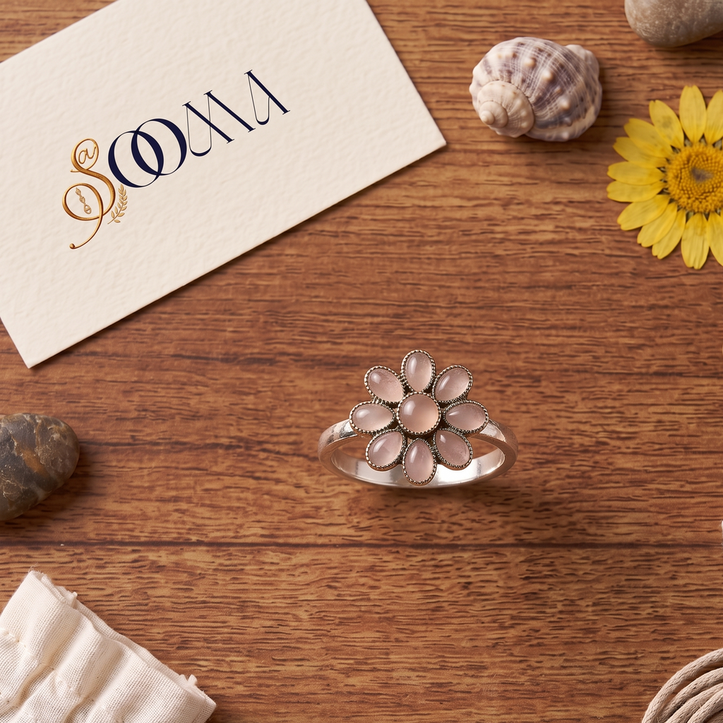 Sooma brand handcrafted oxidized silver green pink 8-petal floral toe ring displayed flat on wooden surface with decorative stones