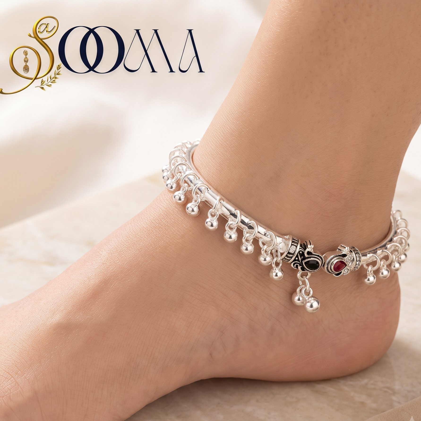 Close-up shot of model wearing silver ghungroo payal kada highlighting the stone terminal closure