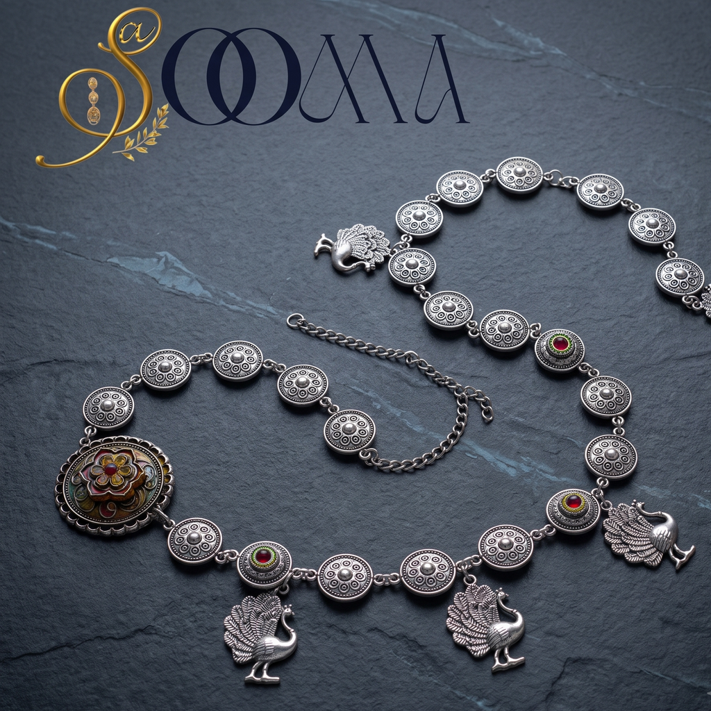 Sooma brand oxidized silver medallion waistbelt with extension chain displayed flat on dark slate background"