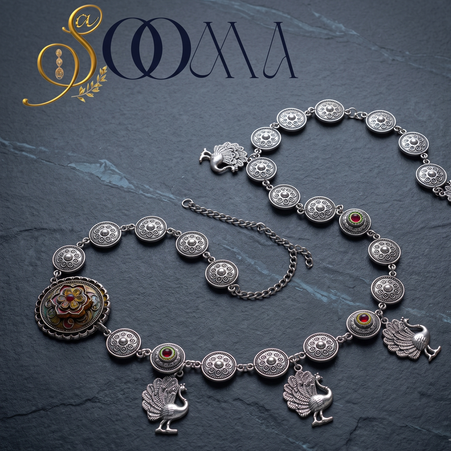 Sooma brand oxidized silver medallion waistbelt with extension chain displayed flat on dark slate background"