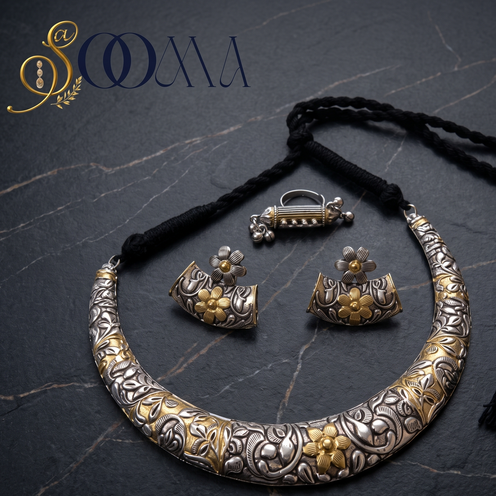 Sooma brand dual-tone oxidized silver carved Hasli necklace set, floral studs, and ghungroo ring flat lay on dark marble