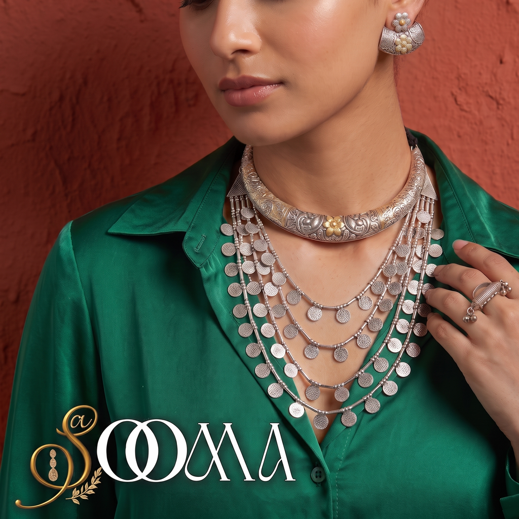 "Model in emerald green silk shirt wearing dual-tone carved silver Hasli choker stacked with a 4-layer coin necklace