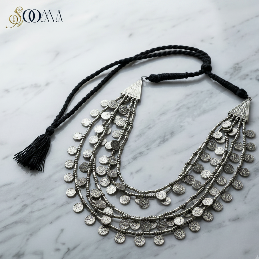 Multi Layered Oxidized Silver Coin Necklace | Sooma, NK00038
