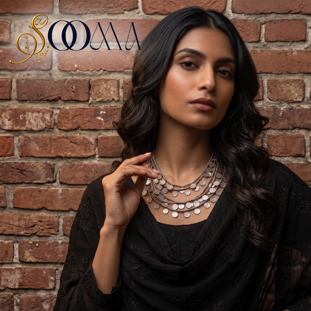 Model in black chikankari outfit wearing handcrafted multi-tier oxidized silver coin necklace