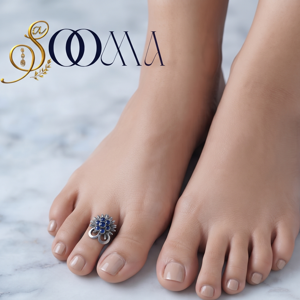 Close-up view of woman foot adorned with an adjustable oxidized silver blue stone floral toe ring on white marble surface