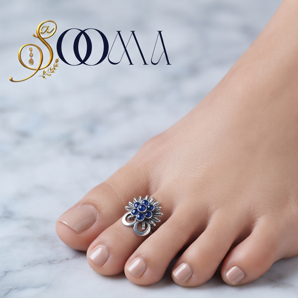 Front view of model feet with nude nail polish wearing an oxidized silver royal blue stone sunburst toe ring on marble floor