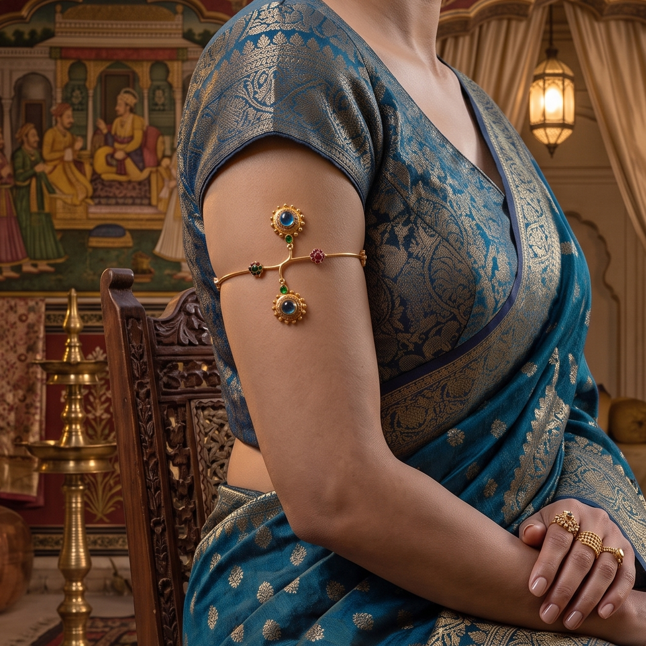 Gold Navratna Blue Cabochon Armlet Bajuband | Sooma, AL00008