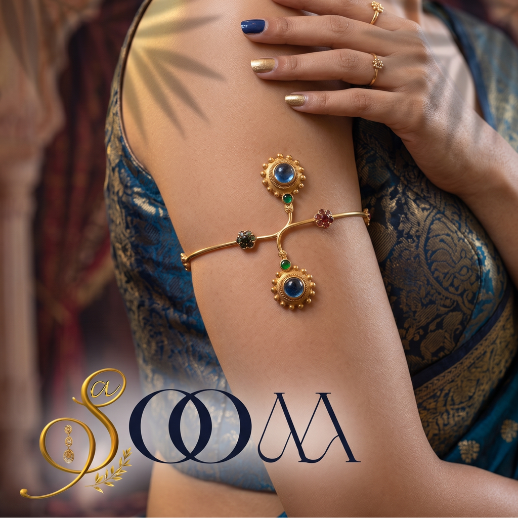 Close-up view of upper arm featuring gold Navratna armlet with sapphire blue cabochon medallions
