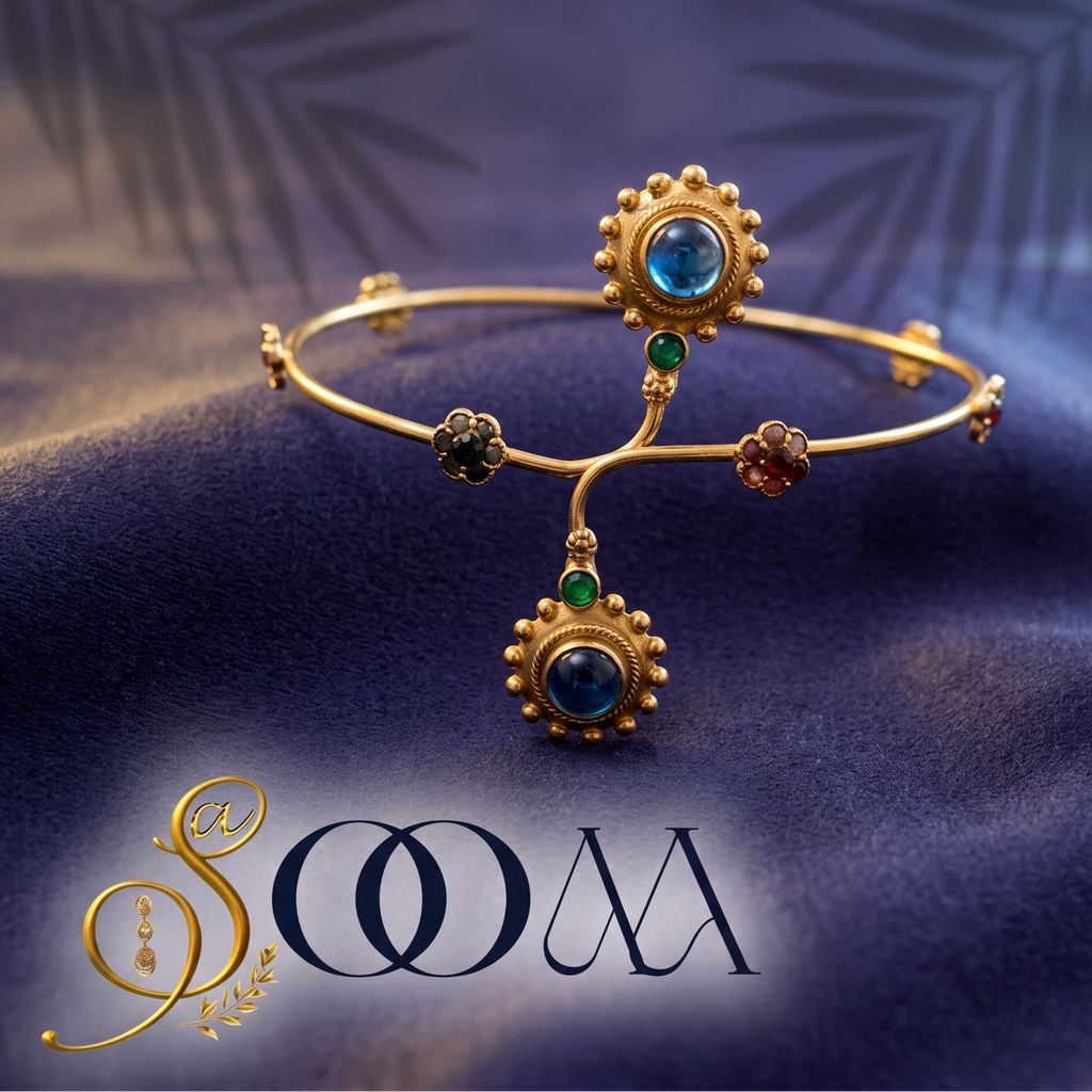 Sooma brand antique gold Navratna armlet bajuband with blue glass cabochons displayed flat on dark blue velvet