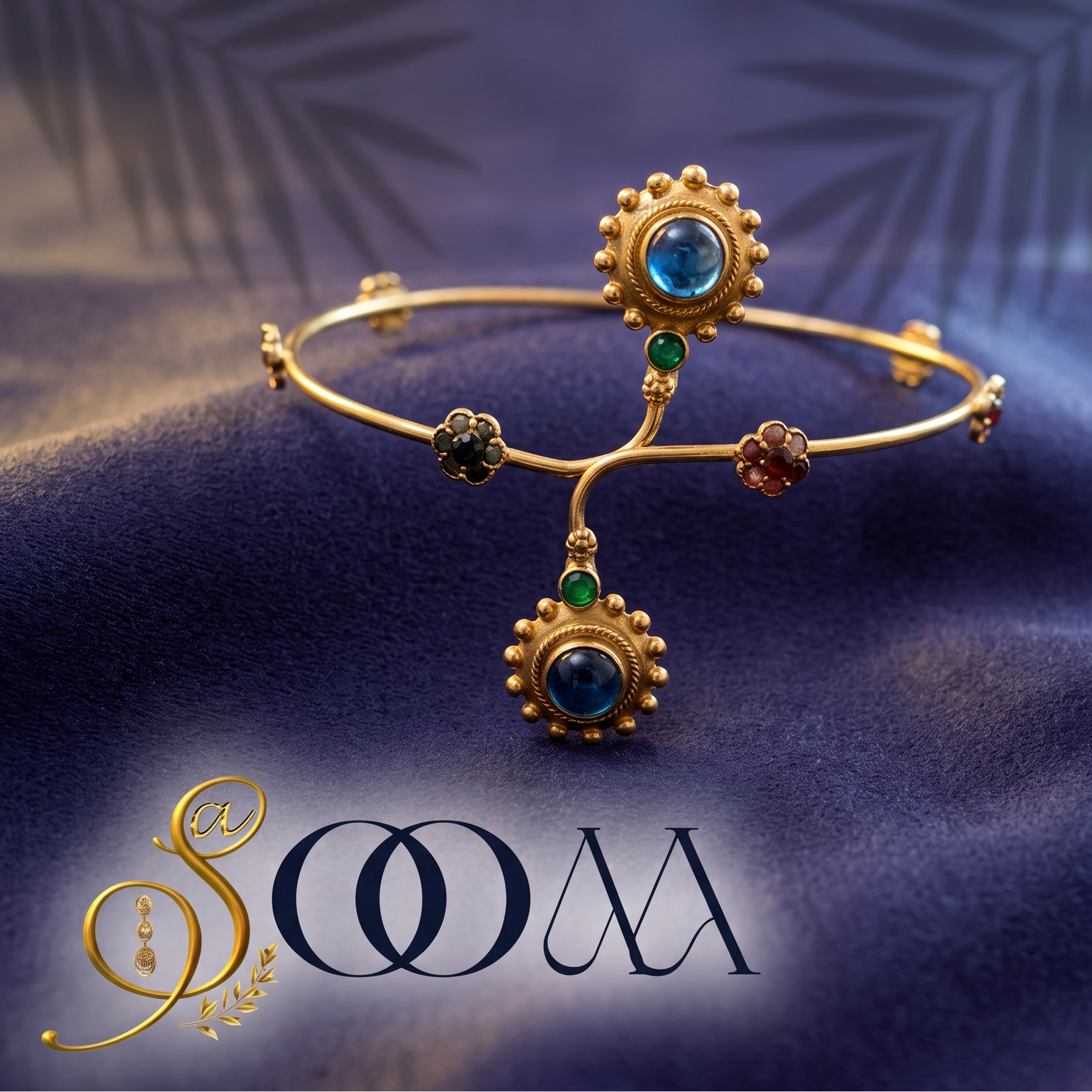 Sooma brand antique gold Navratna armlet bajuband with blue glass cabochons displayed flat on dark blue velvet