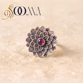 Oxidized Silver Layered Lotus Pink Stone Ring | Sooma, RG00024P
