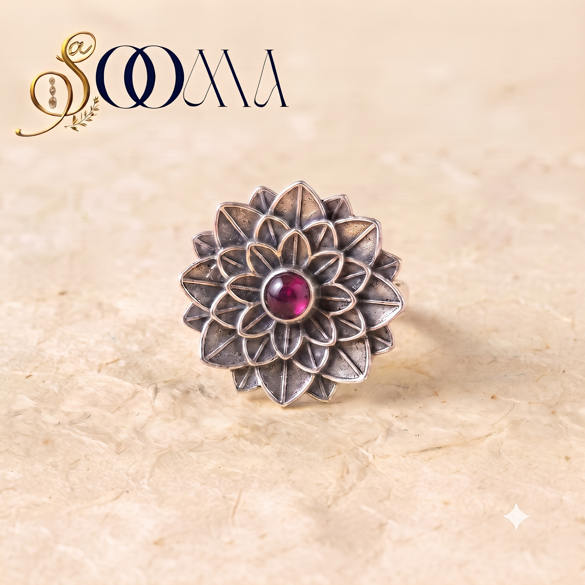 Oxidized Silver Layered Lotus Pink Stone Ring | Sooma, RG00024P