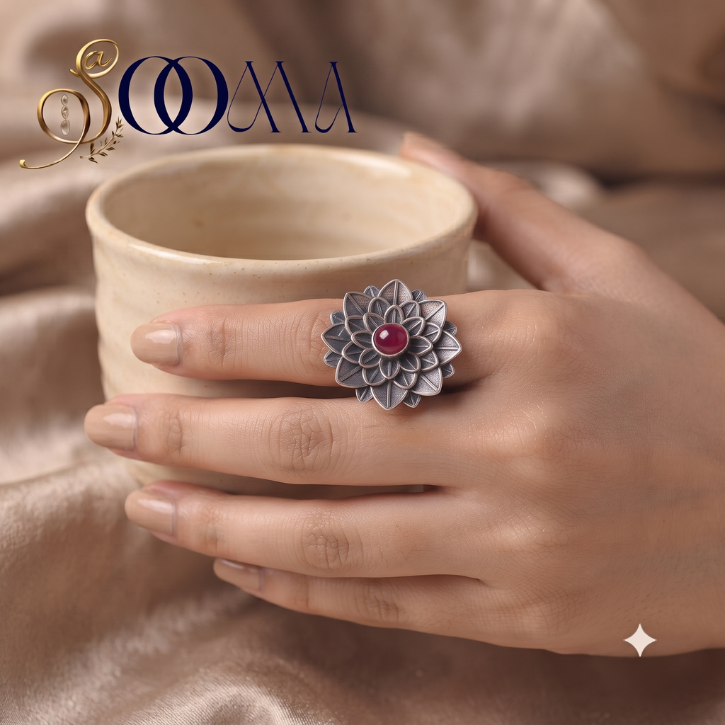 Oxidized Silver Layered Lotus Pink Stone Ring | Sooma, RG00024P